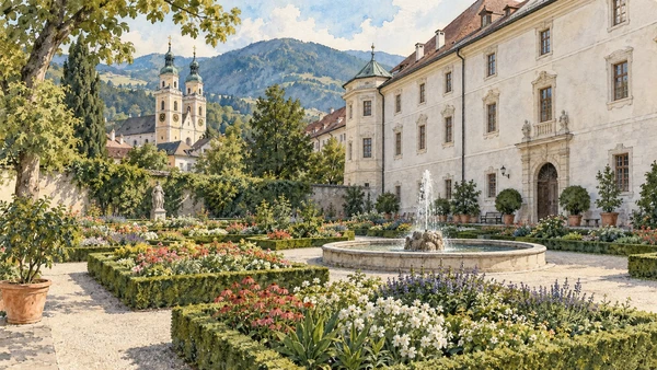 Bressanone / Brixen — A documented guide 5 Watercolour: Flowerbeds and a fountain near the Hofburg.