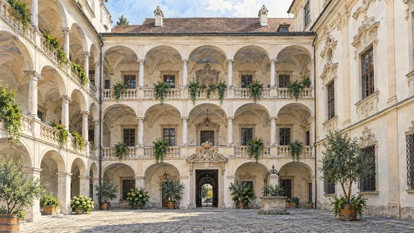 Bressanone / Brixen — A documented guide 4 Watercolour: Stacked arcades around the Hofburg courtyard.