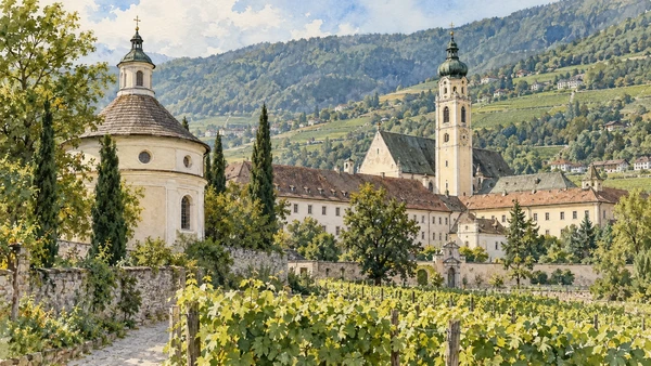 Bressanone / Brixen — A documented guide 9 Watercolour: The round Engelsburg chapel and Neustift Abbey amid vineyards.