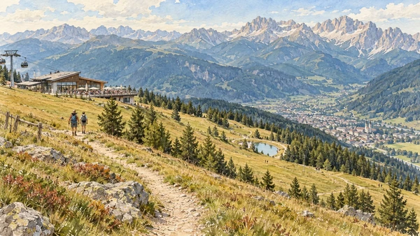 Bressanone / Brixen — A documented guide 11 Watercolour: Mountain meadows and the distant Dolomite skyline from Plose.