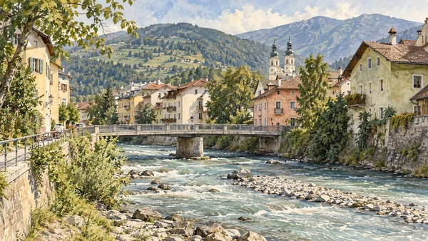 Bressanone / Brixen — A documented guide 8 Watercolour: Riverside houses and a bridge by Stufels.