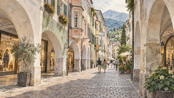 Merano / Meran — A documented guide 2 Watercolour: Merano’s arcaded street and pastel facades.