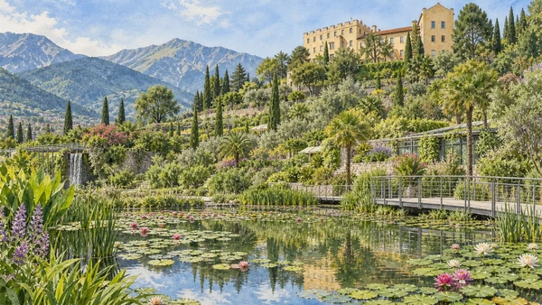 Merano / Meran — A documented guide 9 Watercolour: Botanical terraces and a pond below Trauttmansdorff Castle.