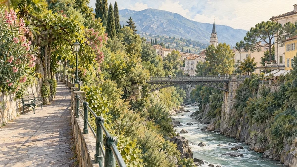 Merano / Meran — A documented guide 8 Watercolour: The narrow Passer gorge and walkway at the Gilf promenade.