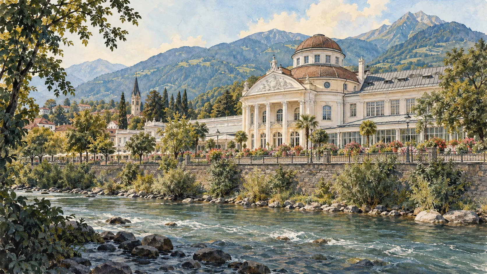 Merano / Meran — A documented guide 1 Editorial watercolour establishing view for Merano / Meran