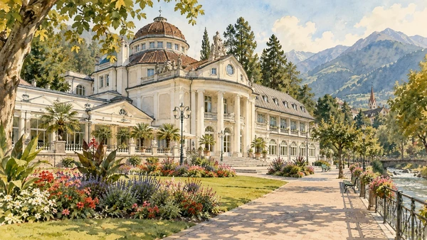 Merano / Meran — A documented guide 5 Watercolour: The white Kurhaus beside the promenade.