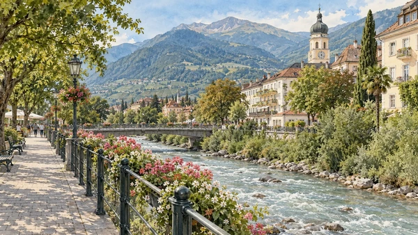 Merano / Meran — A documented guide 6 Watercolour: The Passer river and planted promenade in Merano.