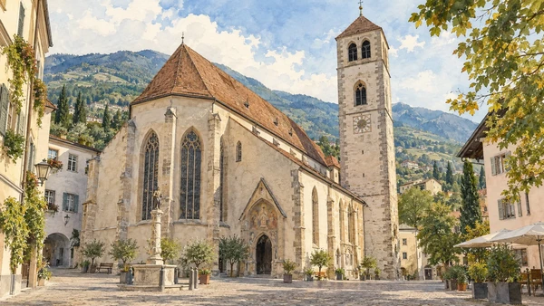 Merano / Meran — A documented guide 3 Watercolour: St Nicholas church and its tall bell tower.