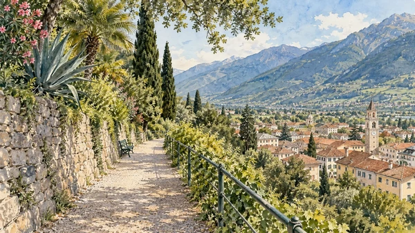 Merano / Meran — A documented guide 7 Watercolour: The Tappeiner hillside path above the town’s red roofs.