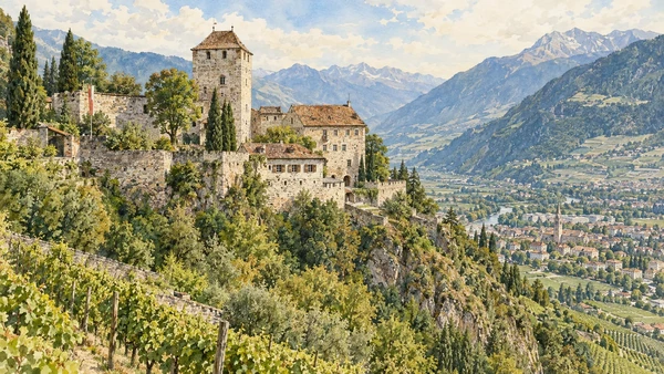Merano / Meran — A documented guide 11 Watercolour: Castel Tirolo on a rocky ridge above the valley.