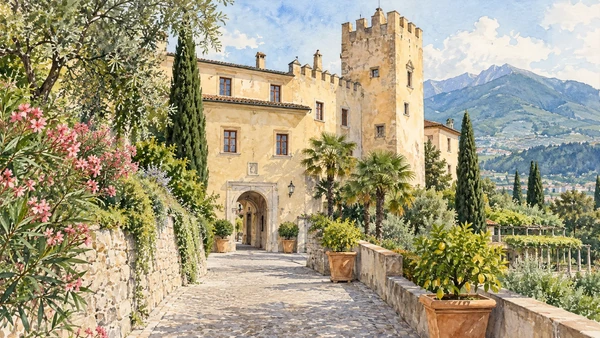 Merano / Meran — A documented guide 10 Watercolour: The exterior of Trauttmansdorff Castle, home to Touriseum.