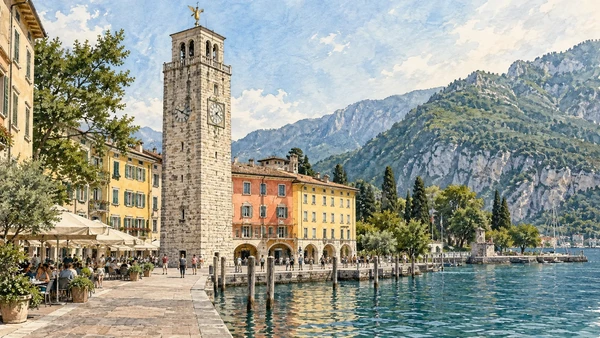 Riva del Garda and Northern Garda — A documented guide 3 Watercolour: The stone clock tower of Torre Apponale above the piazza.