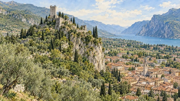 Riva del Garda and Northern Garda — A documented guide 8 Watercolour: Arco Castle above the town and olive-growing slopes.