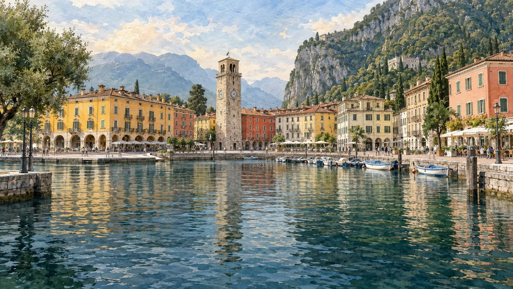 Riva del Garda and Northern Garda — A documented guide 1 Editorial watercolour establishing view for Riva del Garda and Northern Garda