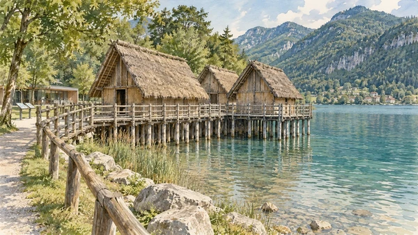 Riva del Garda and Northern Garda — A documented guide 11 Watercolour: Reconstructed thatched pile dwellings at the present-day Ledro museum.