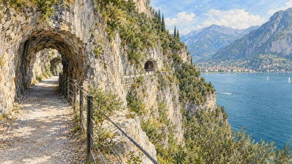Riva del Garda and Northern Garda — A documented guide 6 Watercolour: The old Ponale route cut into the cliffs above Lake Garda.