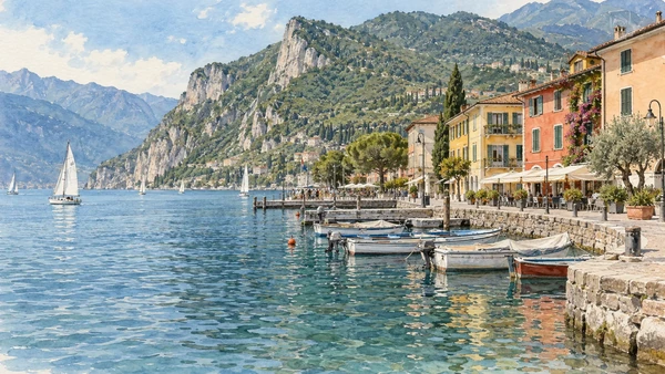 Riva del Garda and Northern Garda — A documented guide 9 Watercolour: Torbole’s small harbour and waterfront houses.