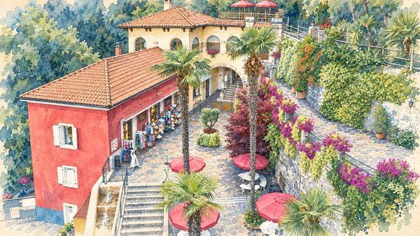 Riva del Garda and Northern Garda — A documented guide 7 Watercolour: The entrance buildings and terraced gardens of Varone waterfall park.