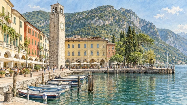 Riva del Garda and Northern Garda — A documented guide 2 Watercolour: Riva’s harbour and arcaded waterfront with Torre Apponale.