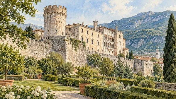 Trento — A documented guide 7 Watercolour: Buonconsiglio Castle above its gardens and enclosing walls.