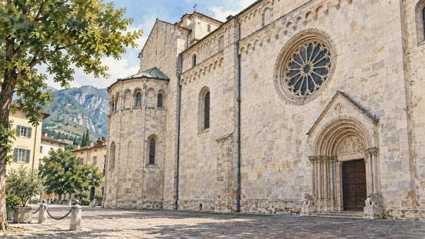 Trento — A documented guide 3 Watercolour: The cathedral’s pale stone north wall, rose window and side entrance.