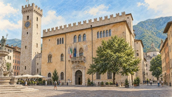 Trento — A documented guide 4 Watercolour: Palazzo Pretorio and Torre Civica beside Piazza Duomo.