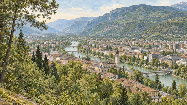 Trento — A documented guide 11 Watercolour: Trento and the Adige valley seen from the wooded Doss Trento.