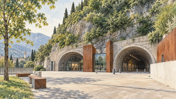 Trento — A documented guide 10 Watercolour: The paired former road-tunnel entrances at Piedicastello.
