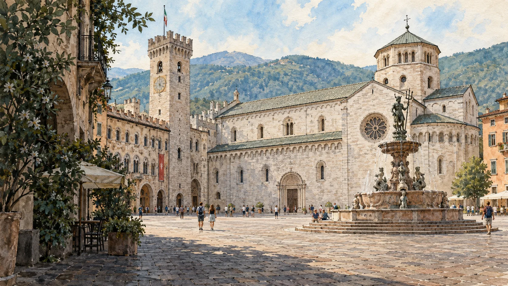 Trento — A documented guide 1 Editorial watercolour establishing view for Trento