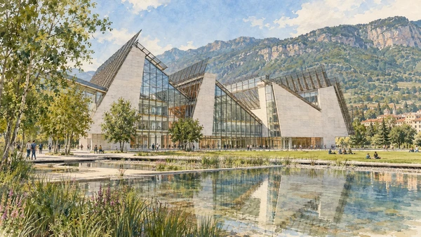 Trento — A documented guide 9 Watercolour: The sloping glass roof volumes and pools of MUSE.