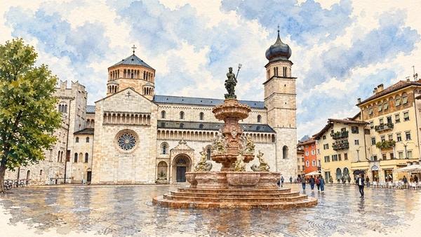 Trento — A documented guide 2 Watercolour: Neptune fountain before the north side of Trento Cathedral.
