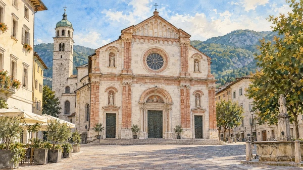 Trento — A documented guide 6 Watercolour: The red-and-white stone facade of Santa Maria Maggiore.