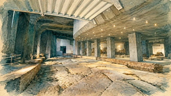 Trento — A documented guide 5 Watercolour: Roman paving below the supporting ceiling of the SASS archaeological site.