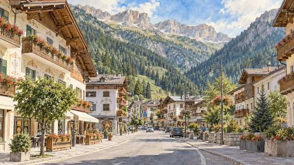 Val di Fassa / Val de Fascia — A documented guide 9 Watercolour: Alpine houses along a street in Canazei.