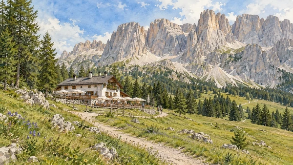 Val di Fassa / Val de Fascia — A documented guide 8 Watercolour: A mountain refuge and meadow beneath the Catinaccio rock walls.