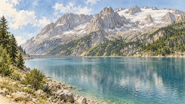 Val di Fassa / Val de Fascia — A documented guide 11 Watercolour: Lake Fedaia and the northern slopes of Marmolada.