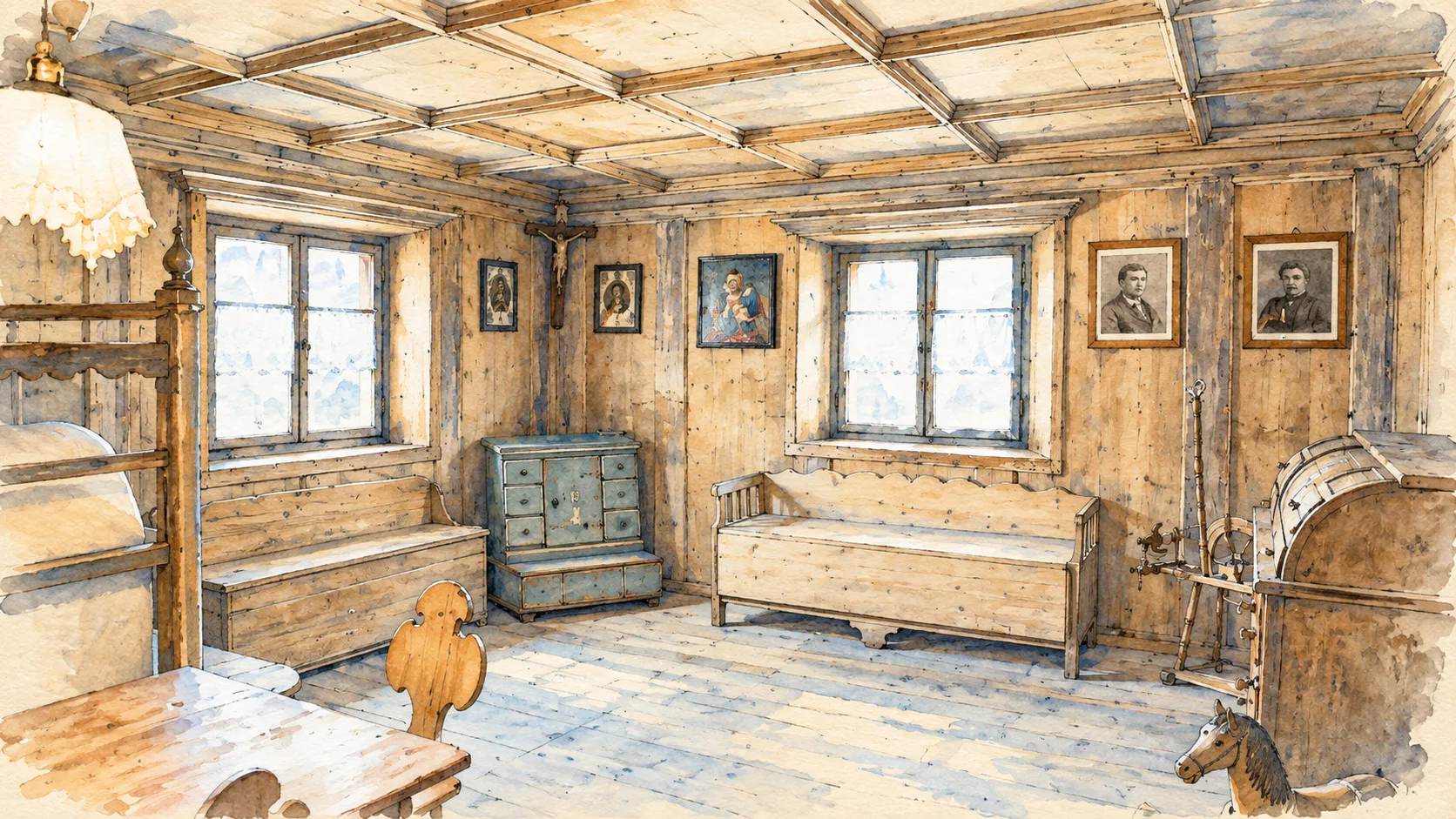 Val di Fassa / Val de Fascia — A documented guide 1 Editorial watercolour: a historic wood-lined Ladin room displayed at Museo Ladin de Fascia.