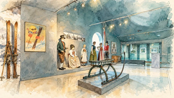 Val di Fassa / Val de Fascia — A documented guide 2 Watercolour: A sleigh and traditional clothing displays inside Museo Ladin de Fascia.