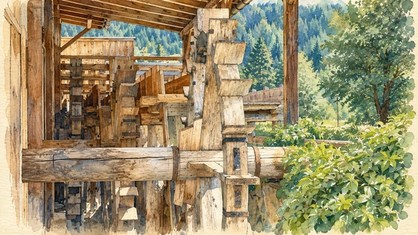 Val di Fassa / Val de Fascia — A documented guide 5 Watercolour: Timber waterwheel machinery at Molin de Pezol.