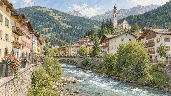 Val di Fassa / Val de Fascia — A documented guide 7 Watercolour: Moena’s houses beside the Avisio watercourse.