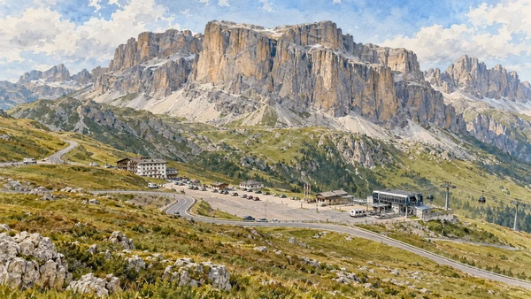 Val di Fassa / Val de Fascia — A documented guide 10 Watercolour: The road at Passo Pordoi beneath the Sella rock walls.