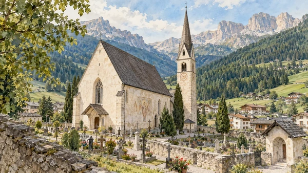 Val di Fassa / Val de Fascia — A documented guide 3 Watercolour: The parish church of San Giovanni with its pointed bell tower.