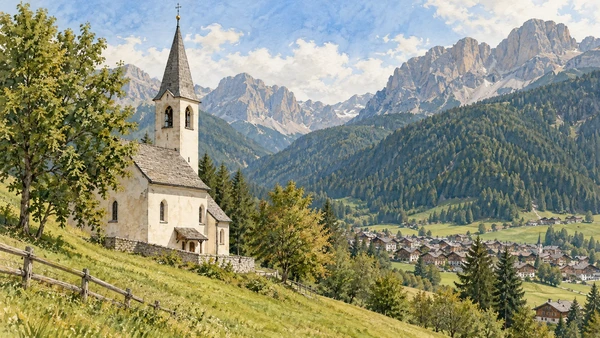 Val di Fassa / Val de Fascia — A documented guide 4 Watercolour: Santa Giuliana church on a grassy hillside above Vigo.