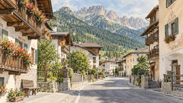 Val di Fassa / Val de Fascia — A documented guide 6 Watercolour: A village street and timber balconies in Vigo di Fassa.