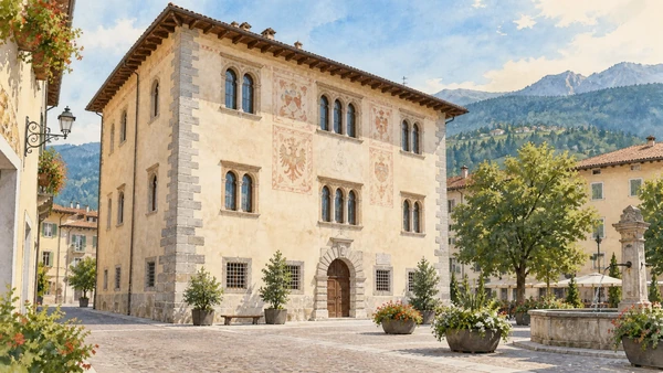 Val di Non — A documented guide 7 Watercolour: The decorated facade of Palazzo Assessorile in Cles.