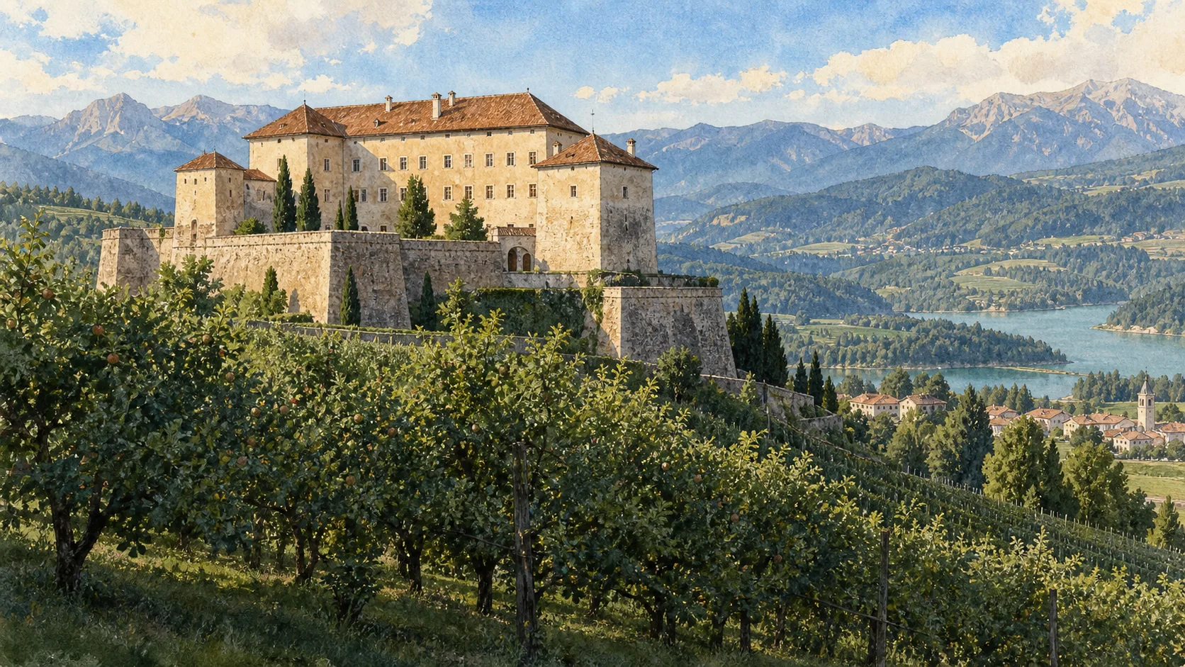 Val di Non — A documented guide 1 Editorial watercolour establishing view for Val di Non