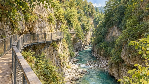 Val di Non — A documented guide 10 Watercolour: The Novella gorge and a walkway along its rock walls.