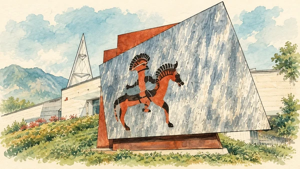 Val di Non — A documented guide 2 Watercolour: Museo Retico’s angular facade with its Rhaetian rider motif.
