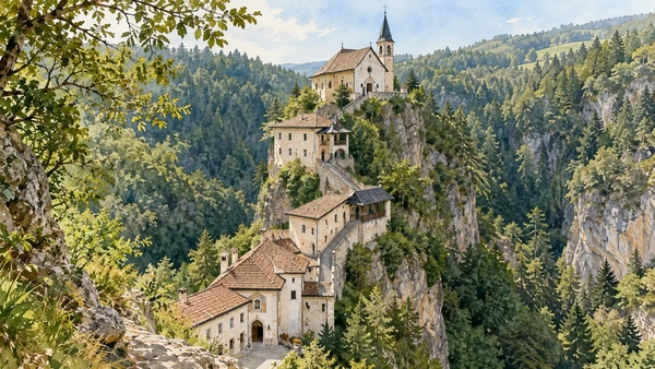 Val di Non — A documented guide 4 Watercolour: The churches of San Romedio arranged on a narrow wooded rock spur.