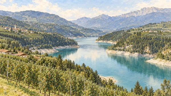 Val di Non — A documented guide 8 Watercolour: The branching Santa Giustina reservoir between cultivated plateaux.